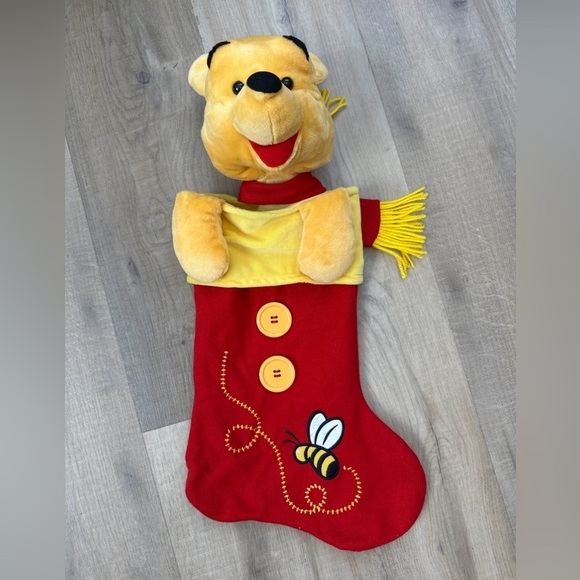 Disney Winnie Pooh Christmas Stocking Bee Yellow Button 3D Plush Lined Loop 18" - Picture 1 of 8